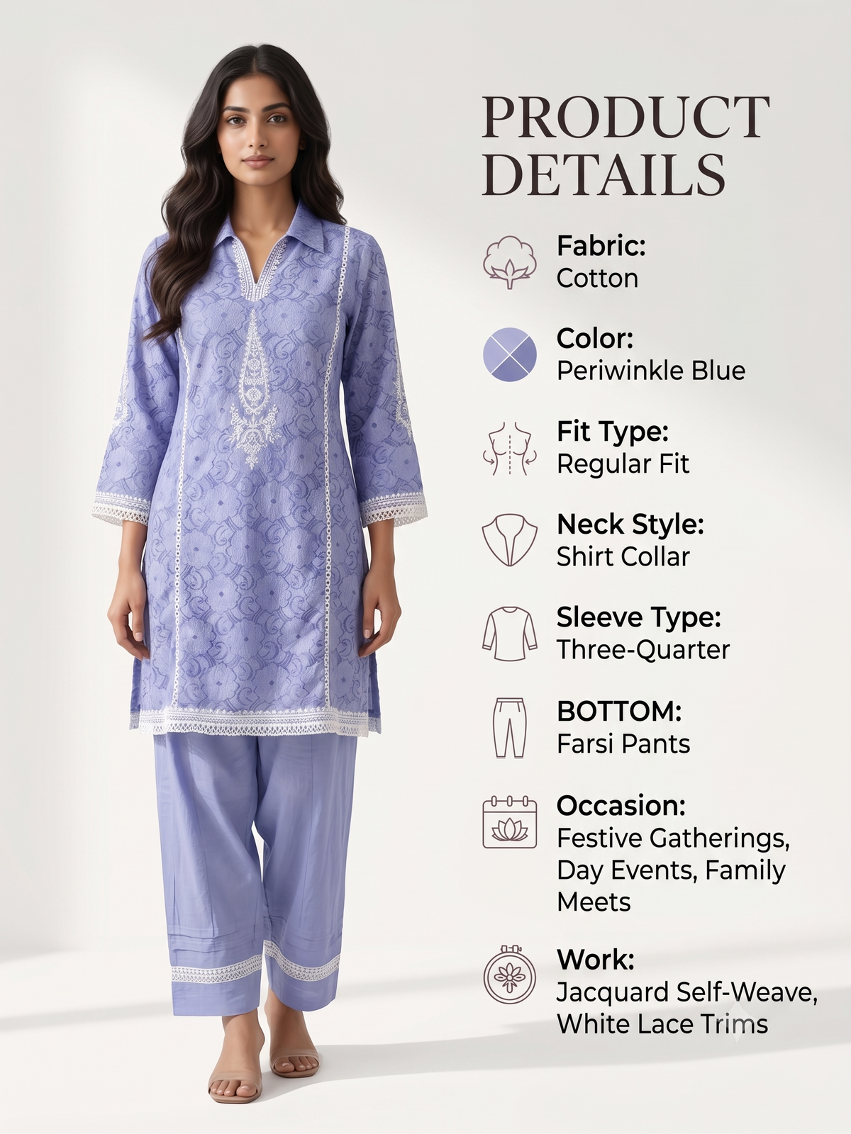 Periwinkle Blue Jacquard Cotton Kurta Set with Lace Detailing