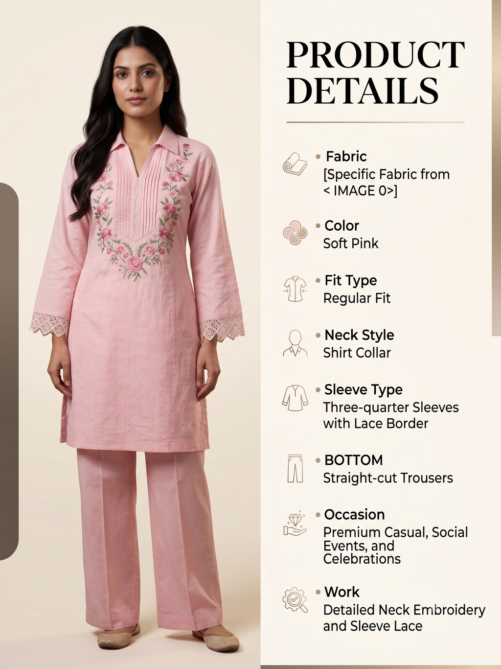Pink Cotton Blend Embroidered Kurta & Trouser Set with Lace Detailing