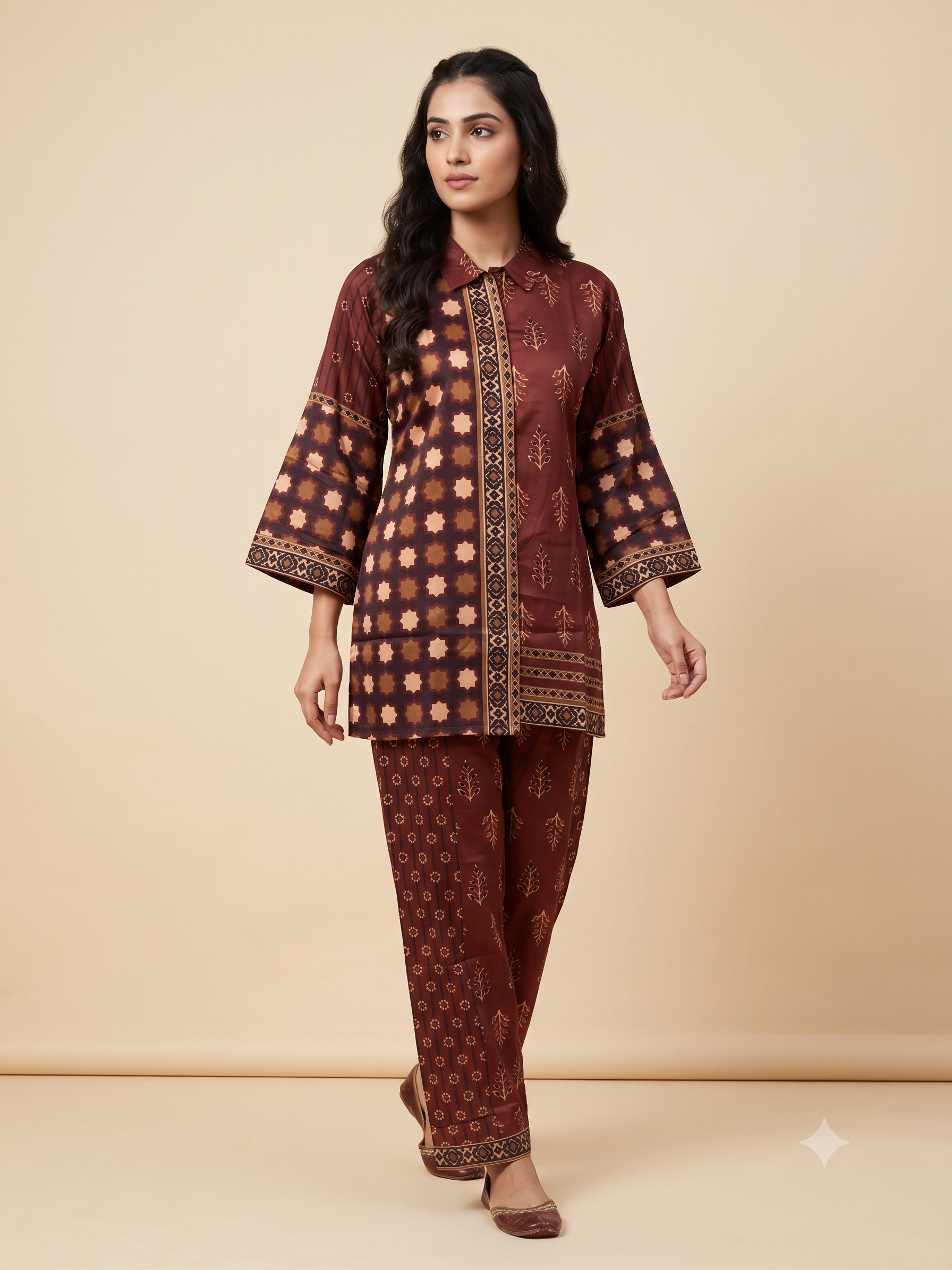 Maroon Satin Ethnic Print Co-ord Set