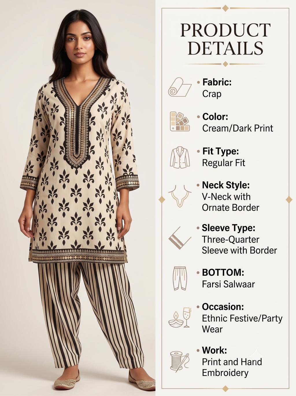 Royal Cream Floral & Striped Ethnic Co-Ord Set with Embroidered V-Neckline