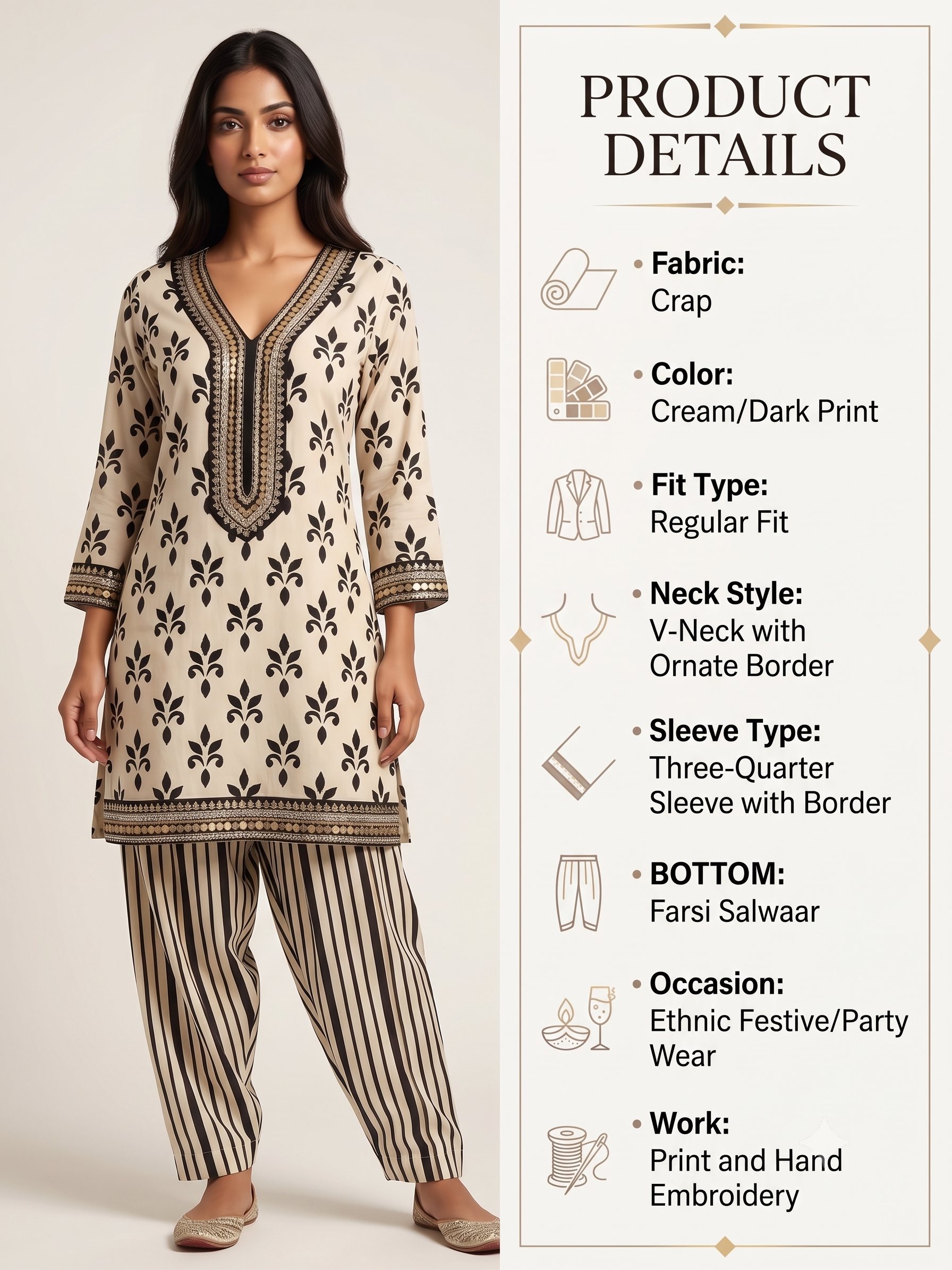 Royal Cream Floral & Striped Ethnic Co-Ord Set with Embroidered V-Neckline