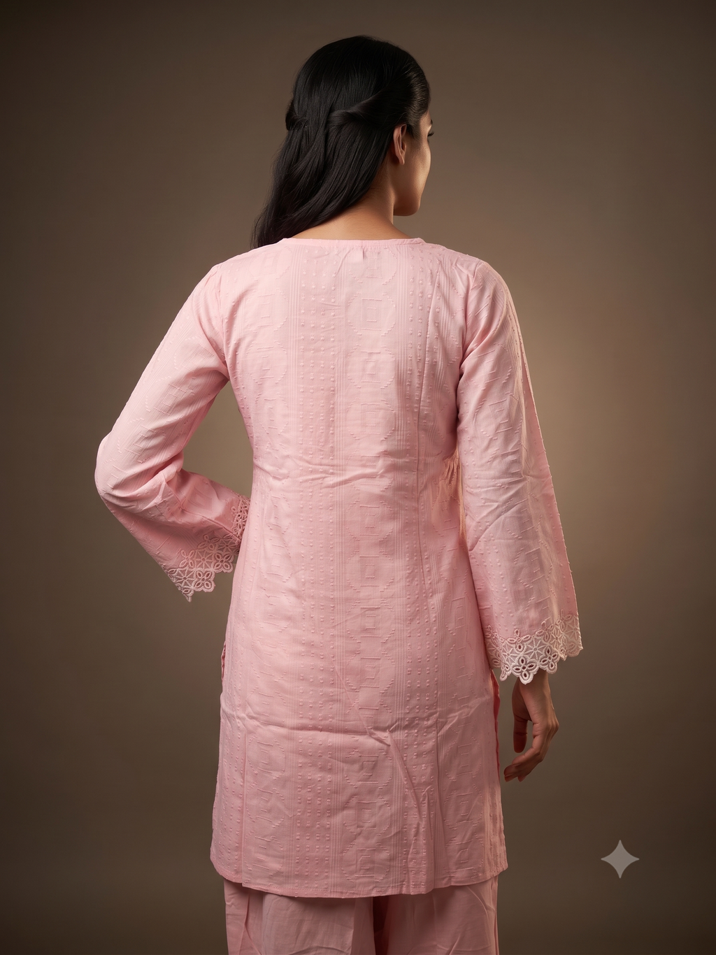 Pink Cotton Blend Embroidered Kurta & Trouser Set with Lace Detailing