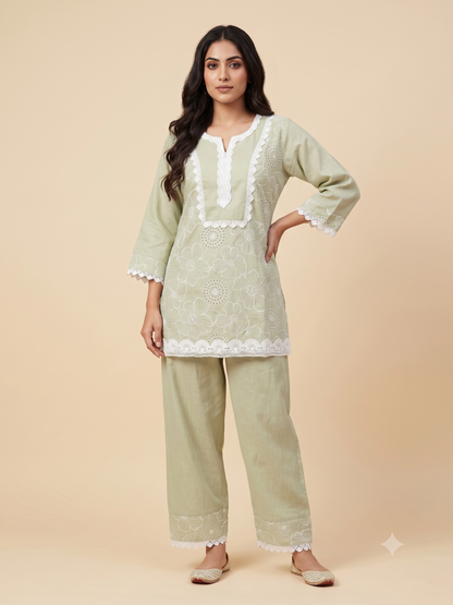 Light Pistachio Green Floral Embroidery Ethnic Co-Ord Set