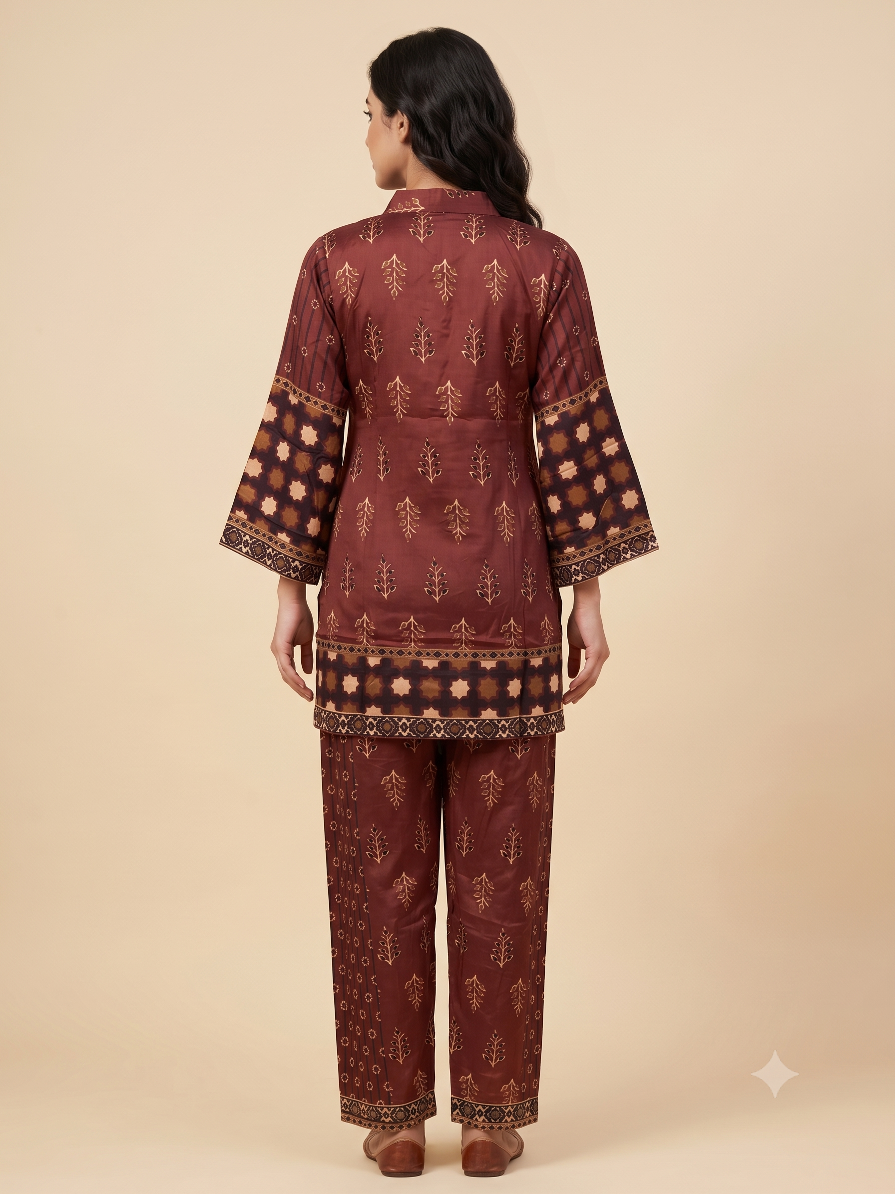Maroon Satin Ethnic Print Co-ord Set