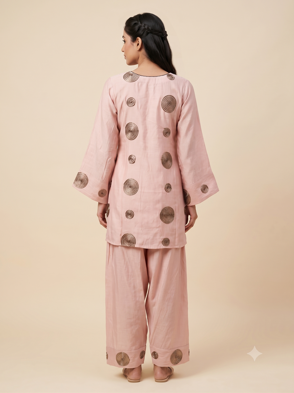 Elegant Cream Cotton Silk Ethnic Co-ord Set with Dark Brown Spiral Embroidery