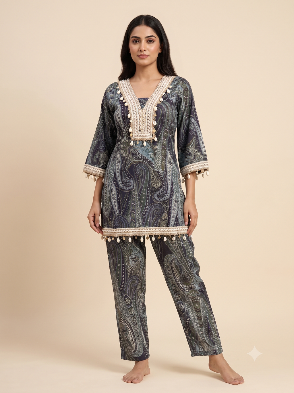 PREMIUM Luxurious Dark Paisley Cotton Co-ord Set with Shell & Lace Embellishments