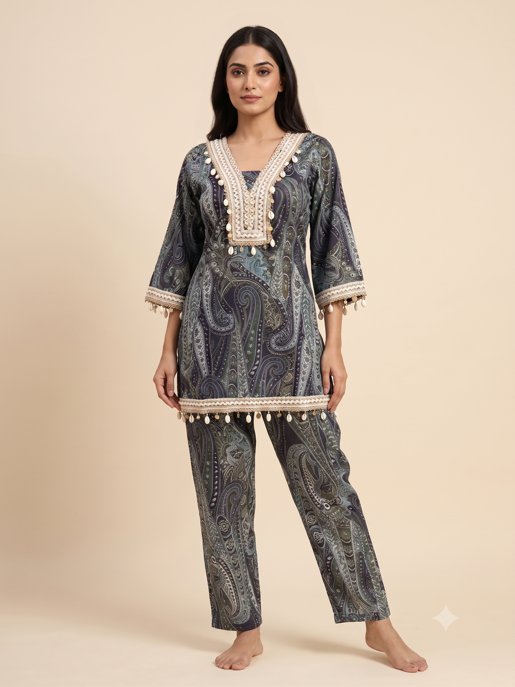 PREMIUM Luxurious Dark Paisley Cotton Co-ord Set with Shell & Lace Embellishments