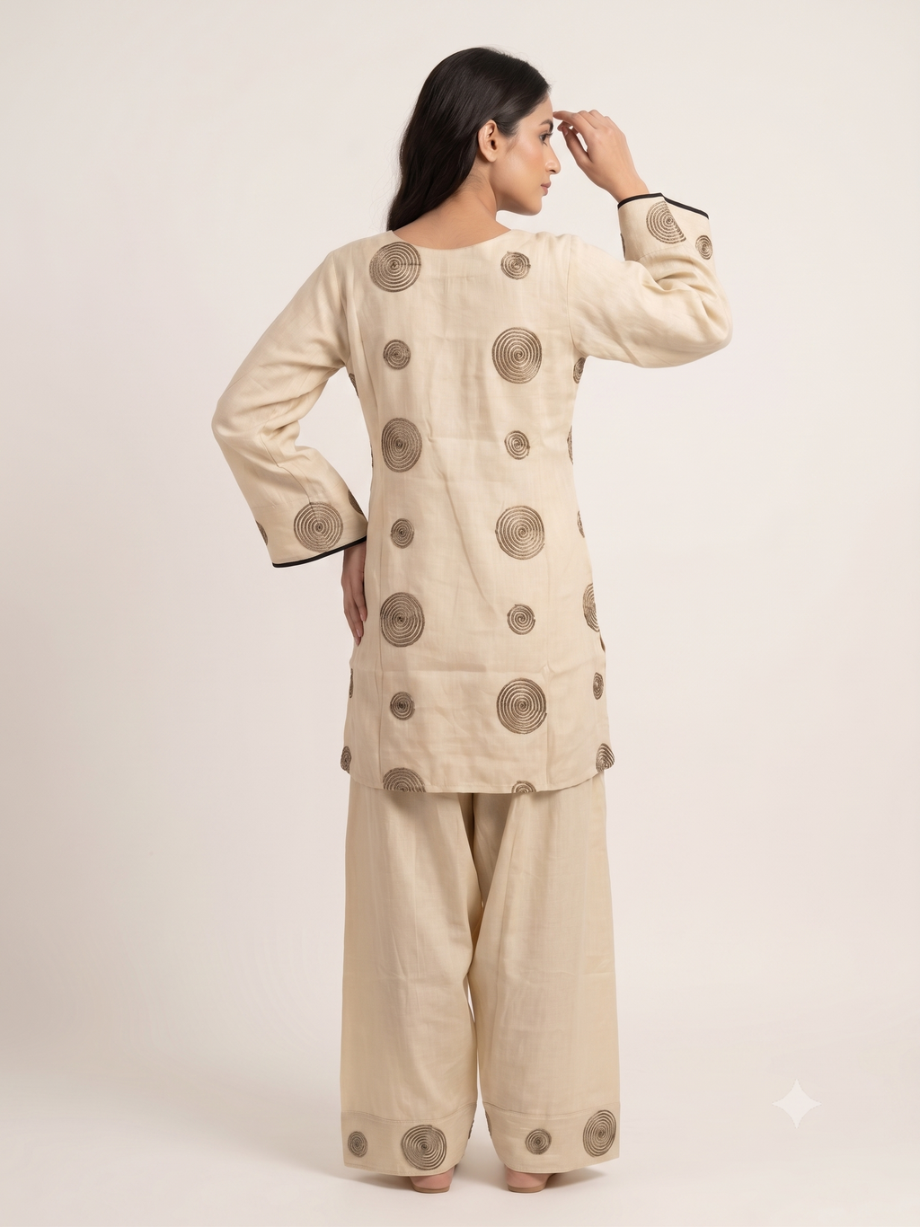 Elegant Cream Cotton Silk Ethnic Co-ord Set with Dark Brown Spiral Embroidery