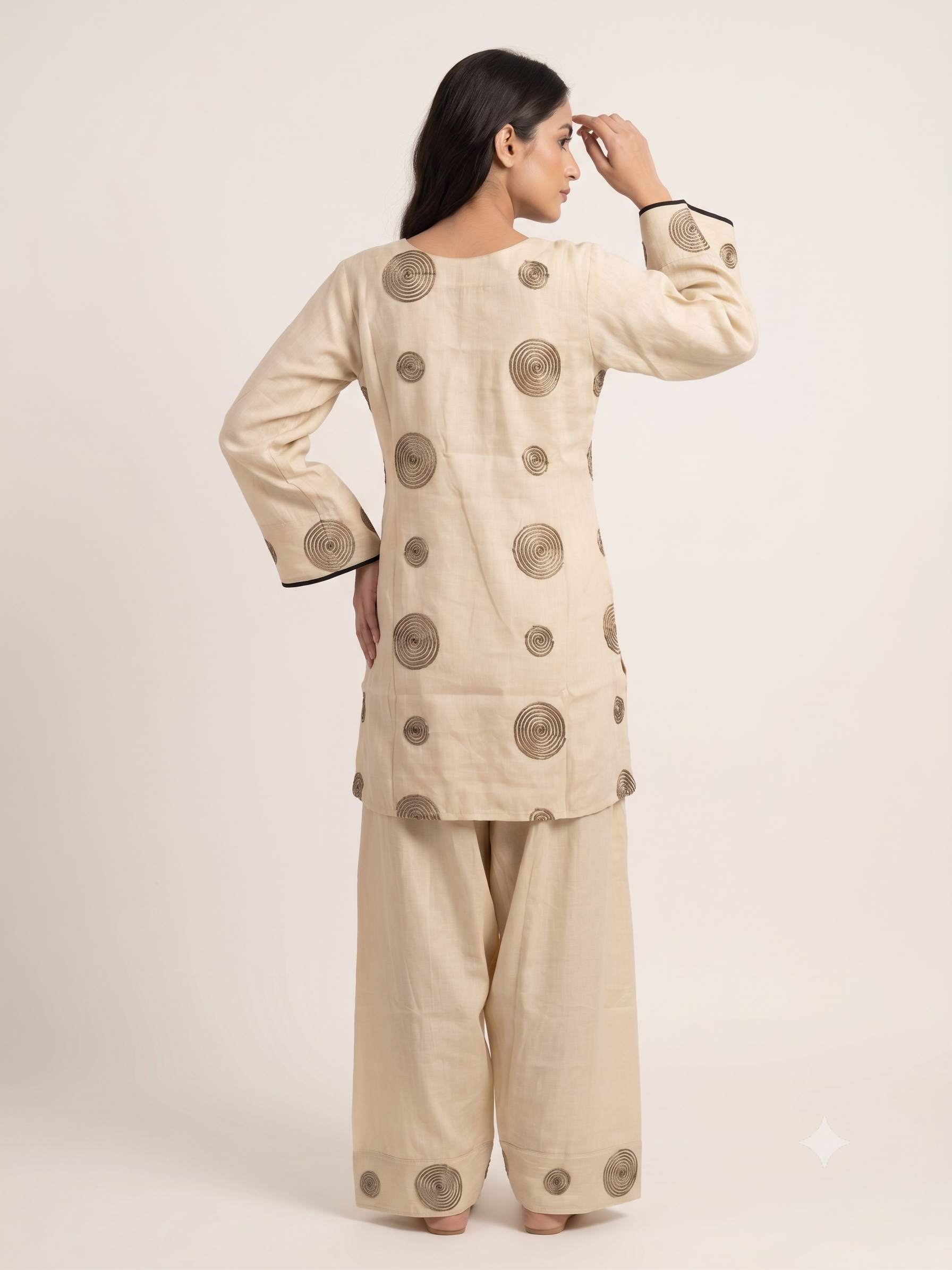 Elegant Cream Cotton Silk Ethnic Co-ord Set with Dark Brown Spiral Embroidery