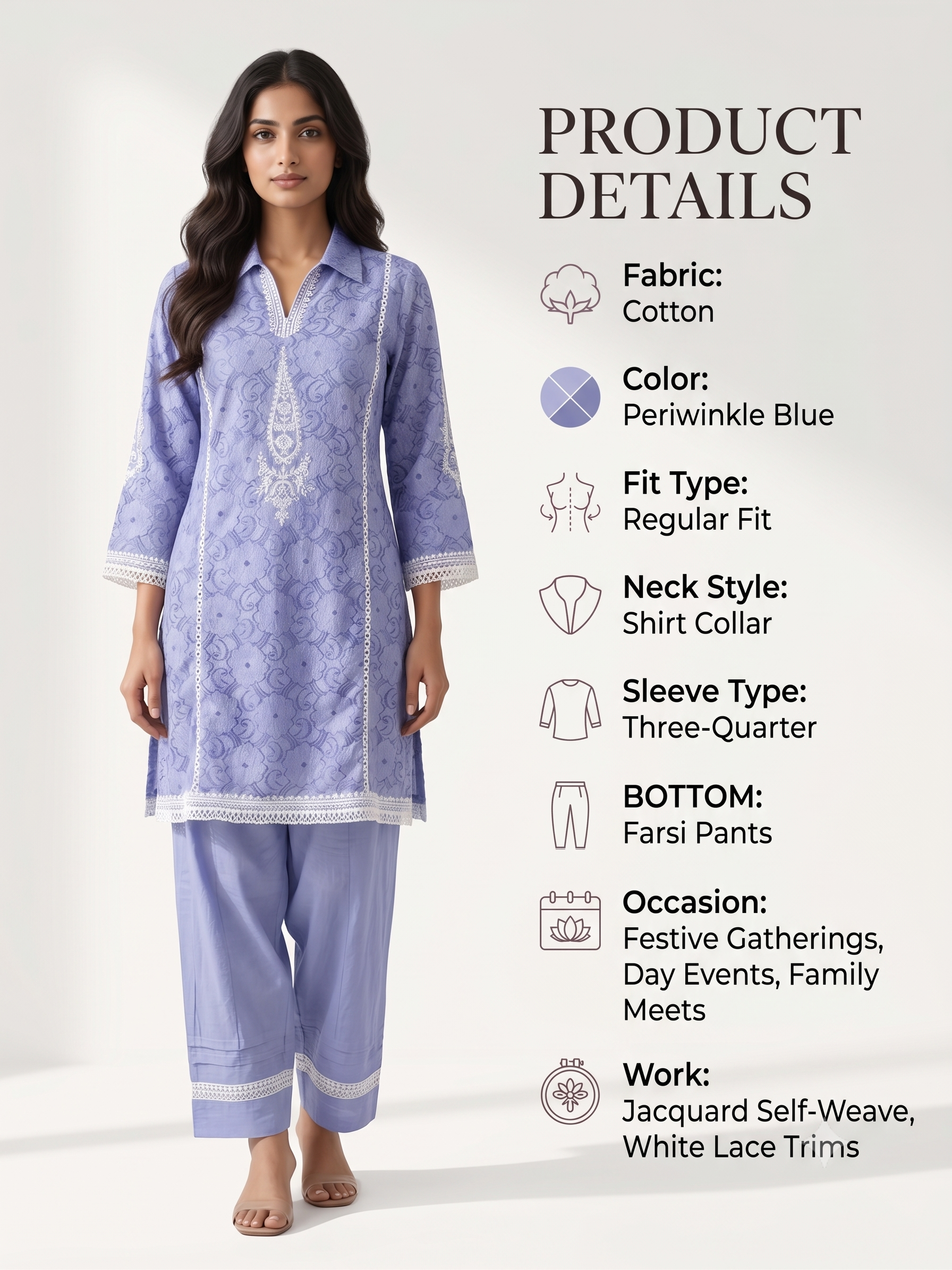 Periwinkle Blue Jacquard Cotton Kurta Set with Lace Detailing
