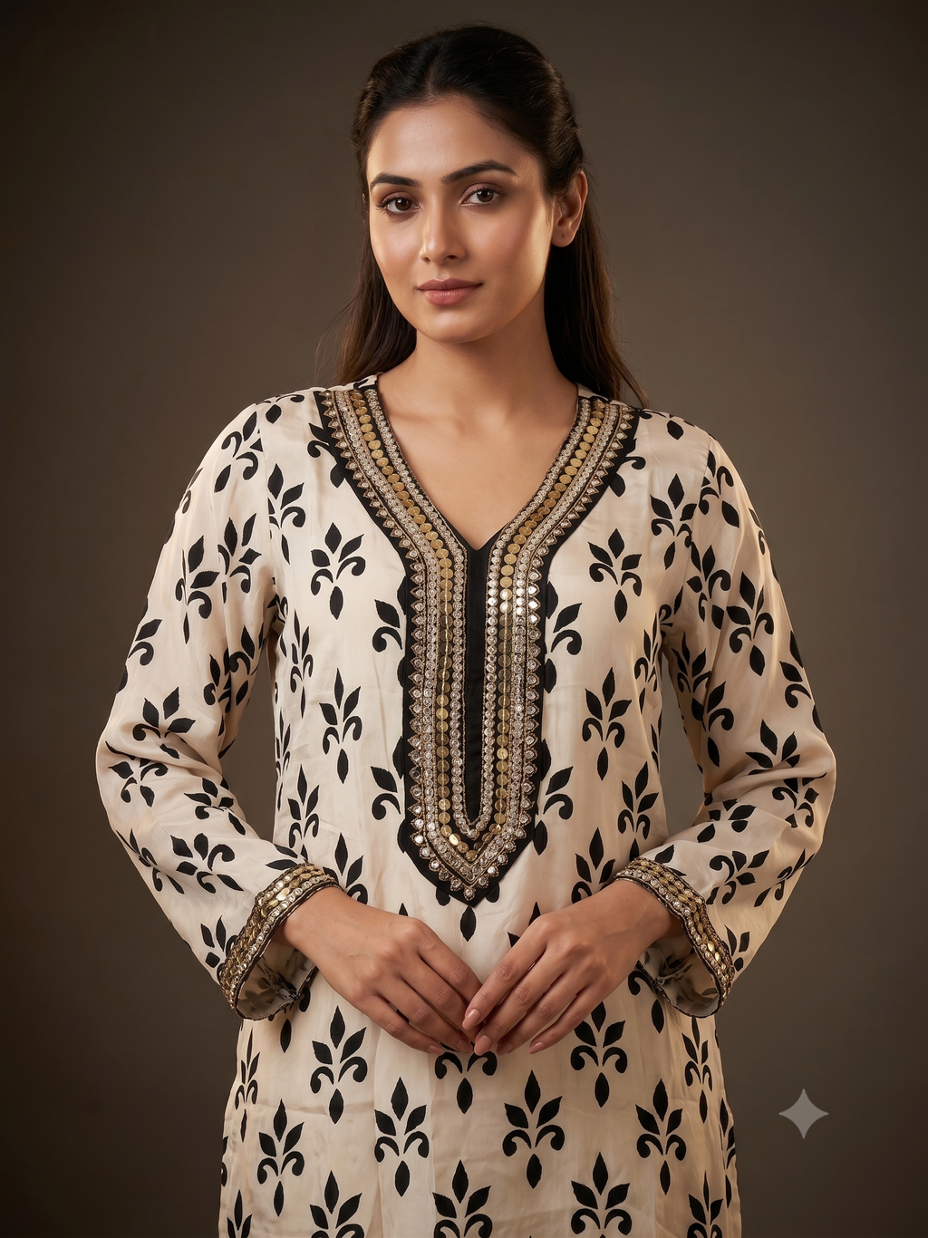 Royal Cream Floral & Striped Ethnic Co-Ord Set with Embroidered V-Neckline
