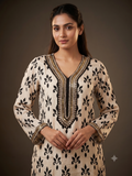 Royal Cream Floral & Striped Ethnic Co-Ord Set with Embroidered V-Neckline