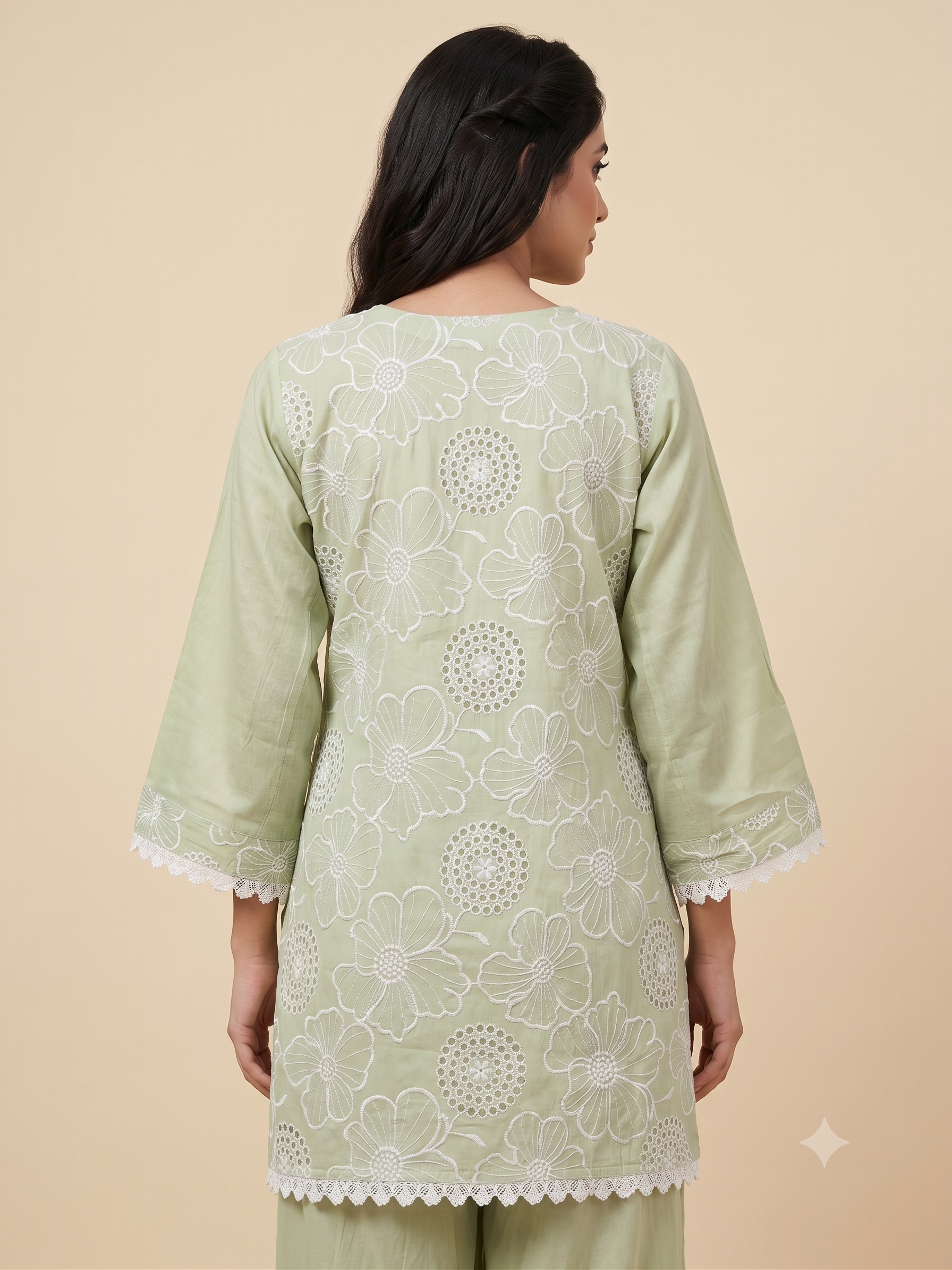 Light Pistachio Green Floral Embroidery Ethnic Co-Ord Set