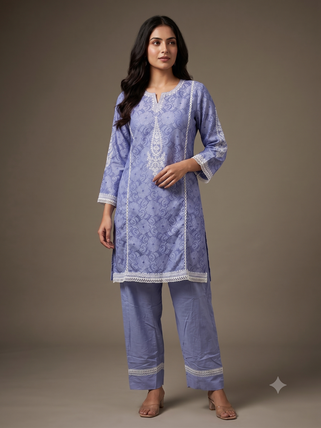 Periwinkle Blue Jacquard Cotton Kurta Set with Lace Detailing