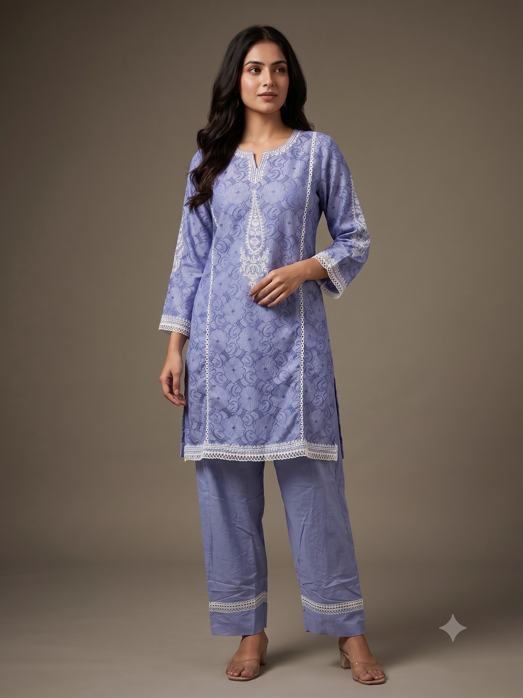 Periwinkle Blue Jacquard Cotton Kurta Set with Lace Detailing