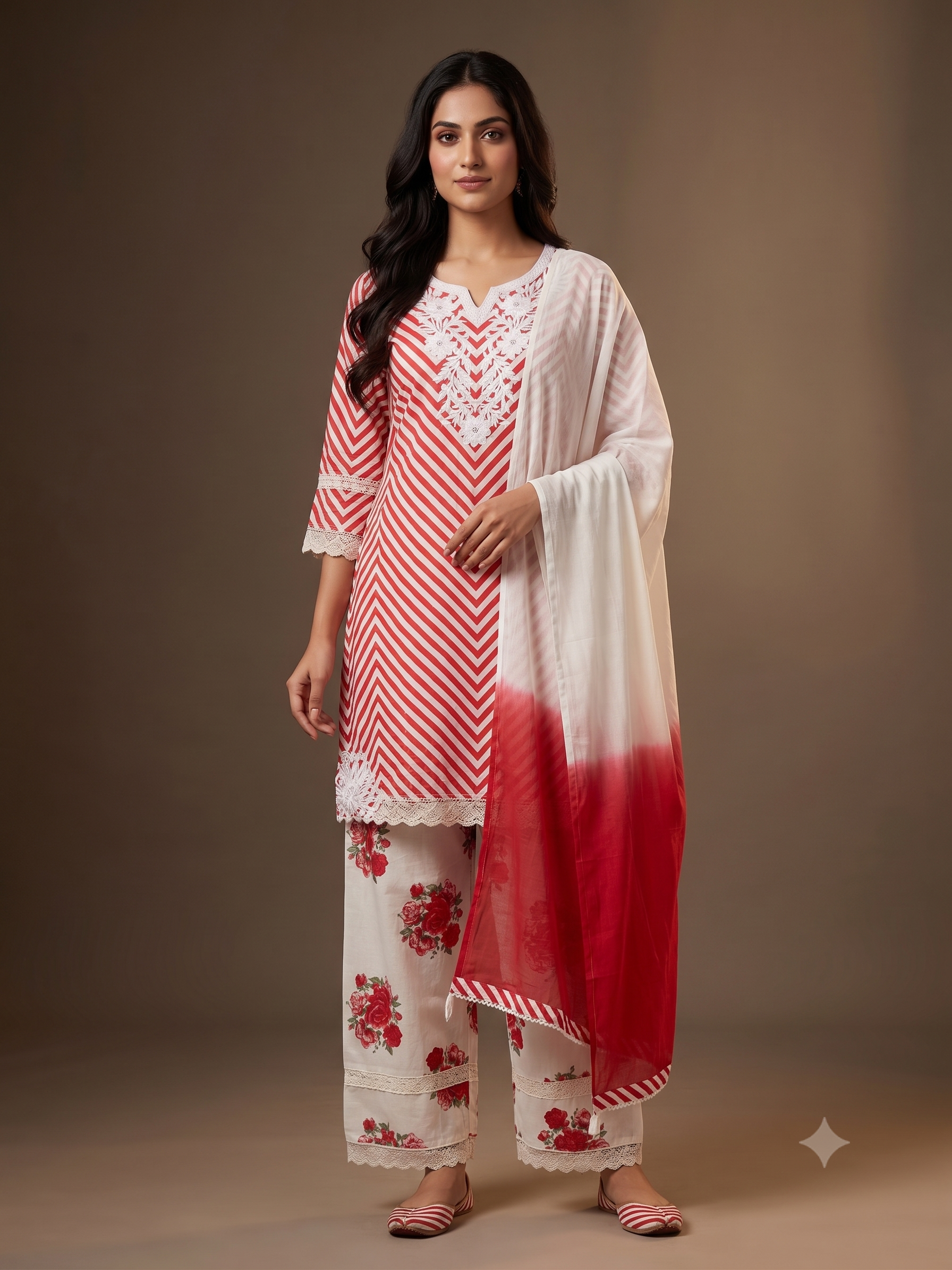 Red & Ivory Chevron Embroidered Kurti Set with Floral Palazzo