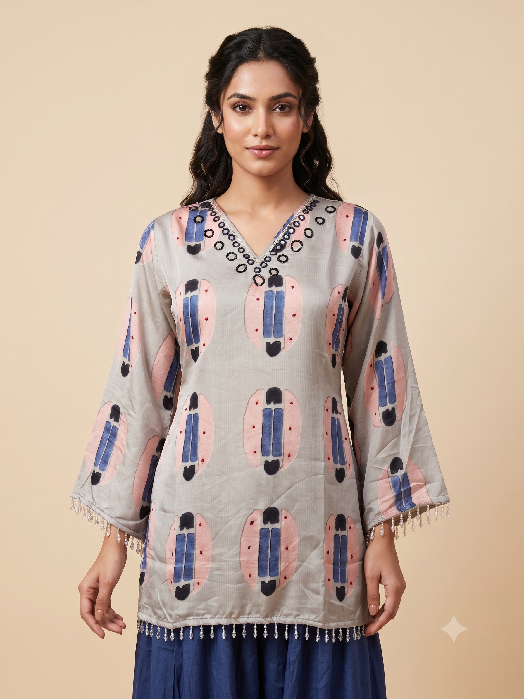 Women's Luxury Crepe Printed Tunic Top with Embellished V-Neck & Dhoti-Style Pleated Pants Co-ord Set (Grey & Royal Navy)