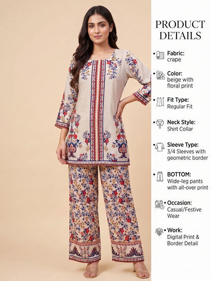 Women's Beige Floral Printed Crape Co-Ord Set