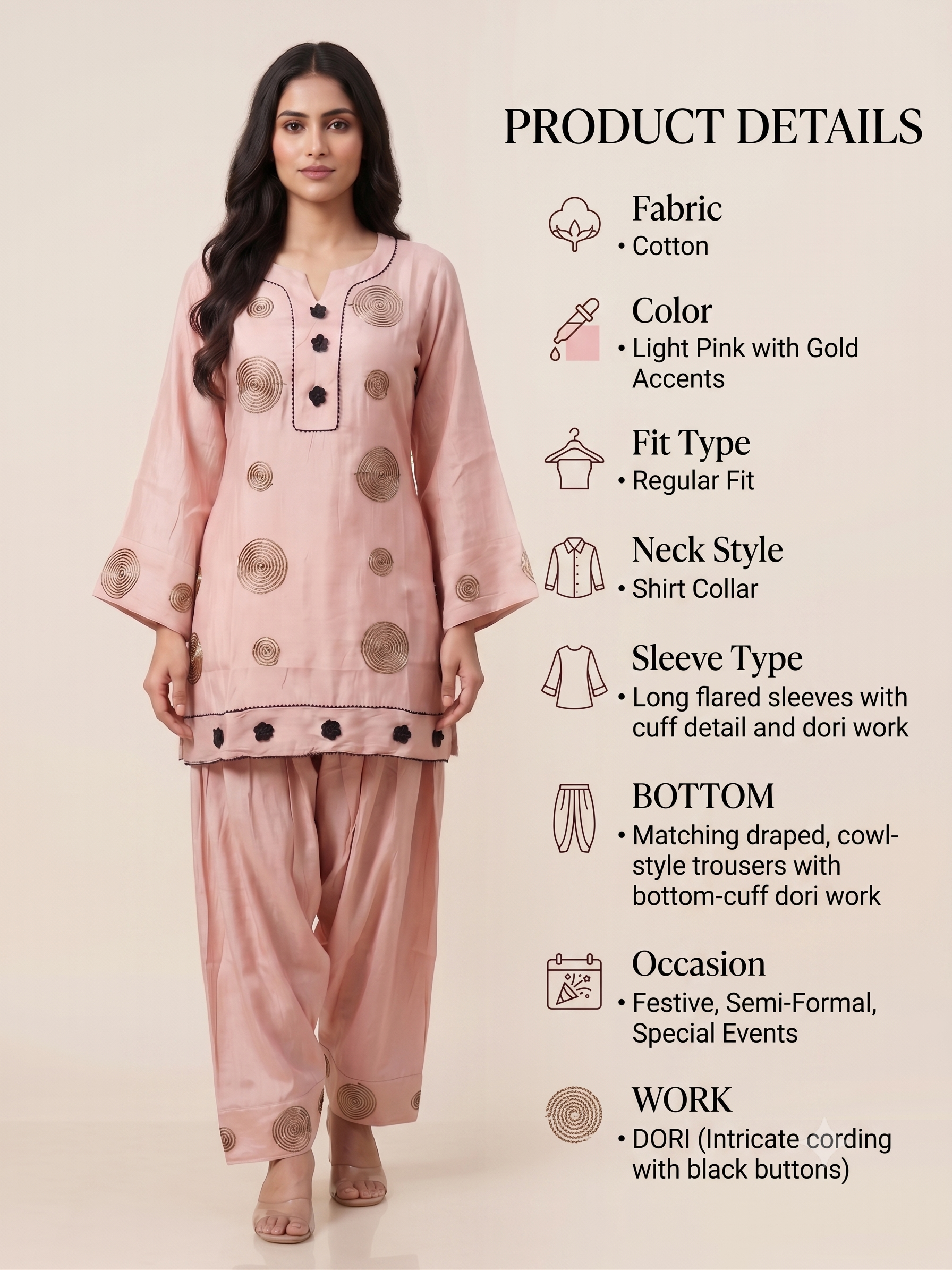 Elegant Cream Cotton Silk Ethnic Co-ord Set with Dark Brown Spiral Embroidery