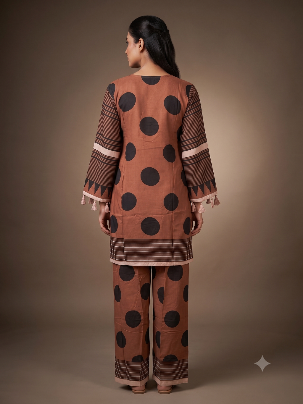 Terracotta Brown Polka Dot & Geometric Striped Kurta Set with Tassel Accents