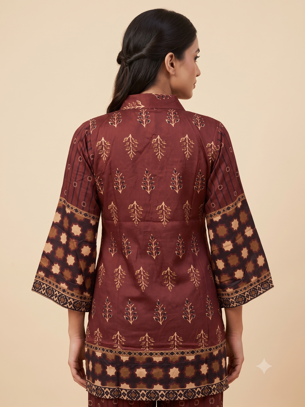 Maroon Satin Ethnic Print Co-ord Set