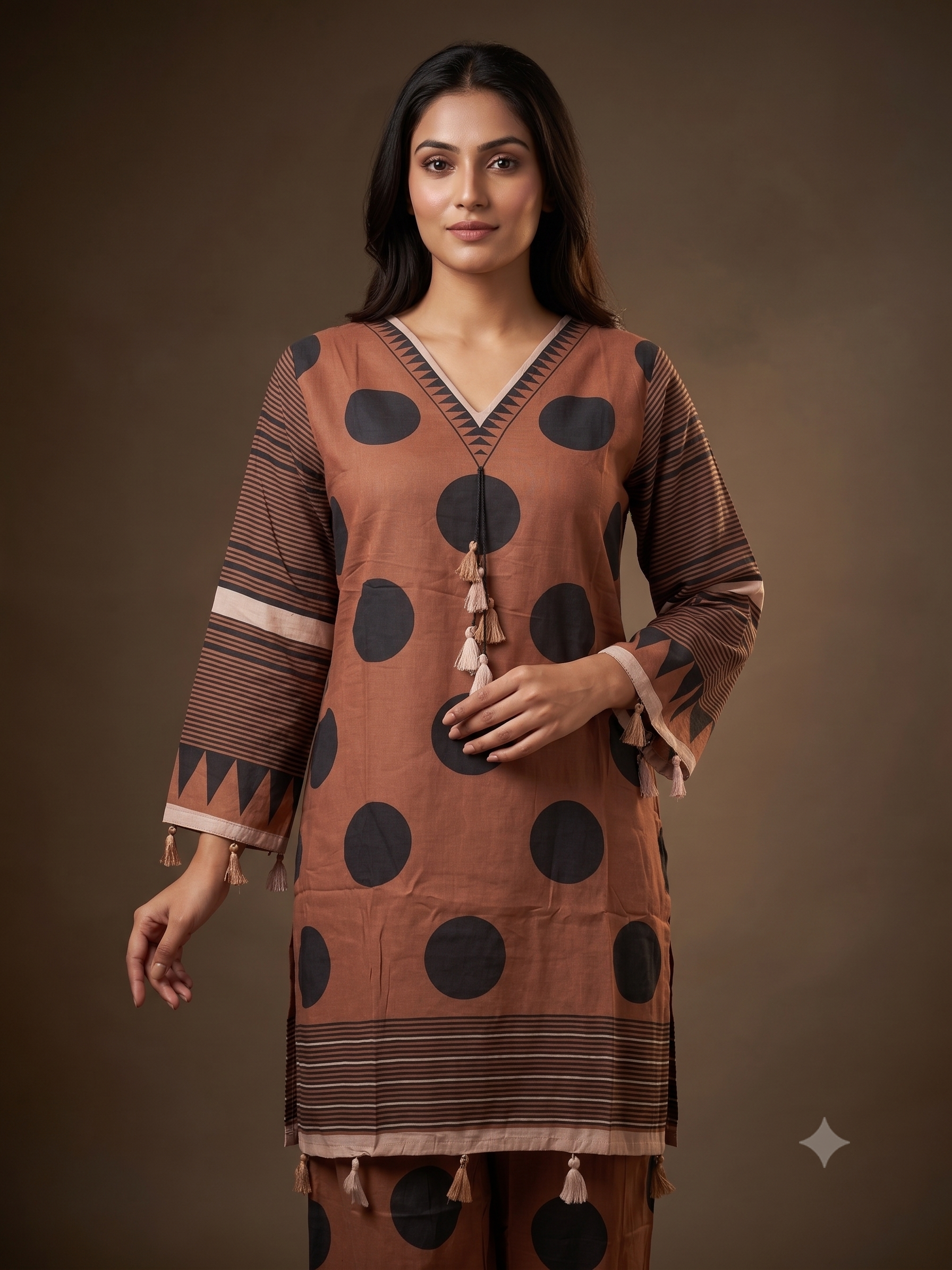 Terracotta Brown Polka Dot & Geometric Striped Kurta Set with Tassel Accents