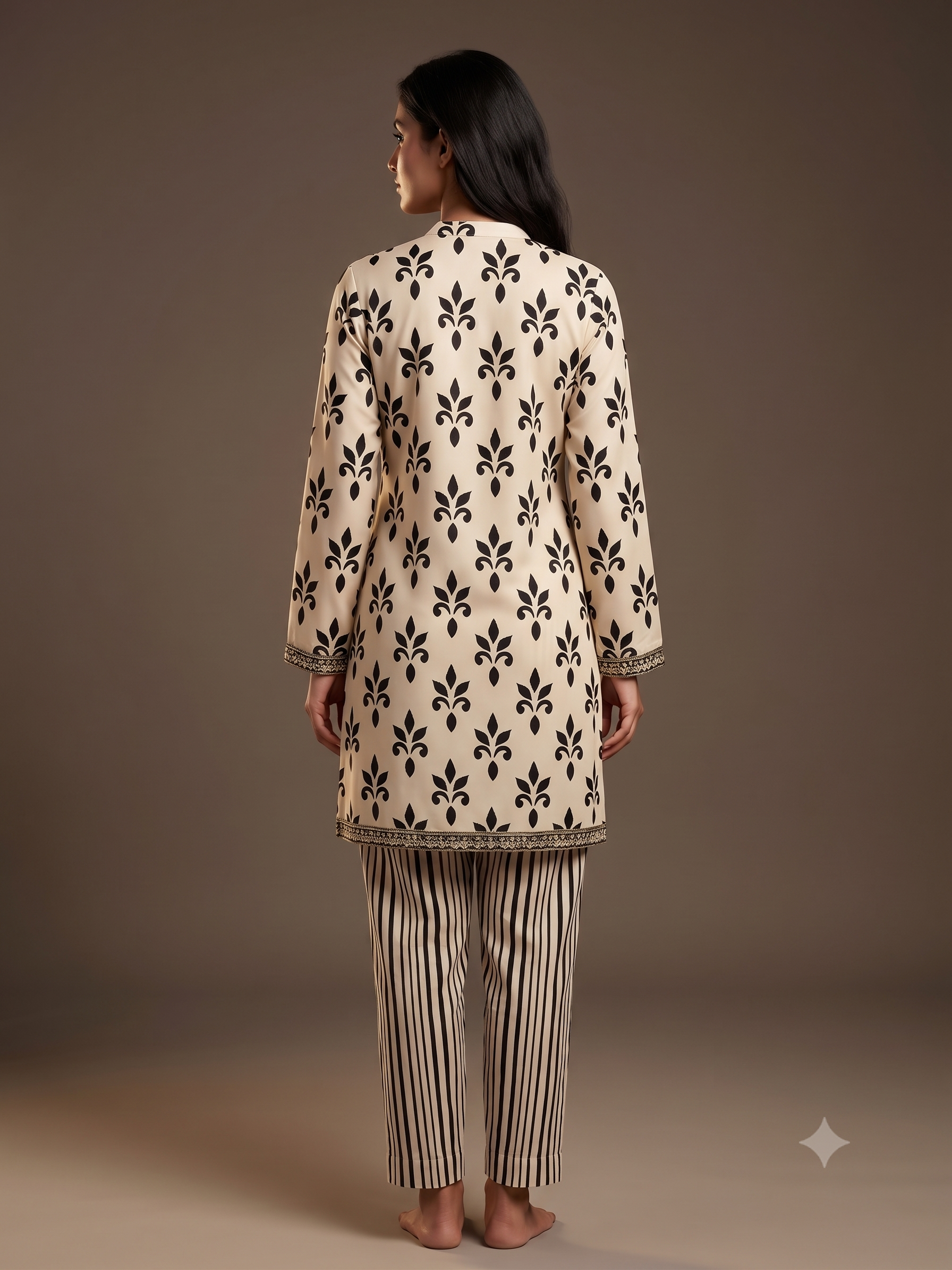 Royal Cream Floral & Striped Ethnic Co-Ord Set with Embroidered V-Neckline