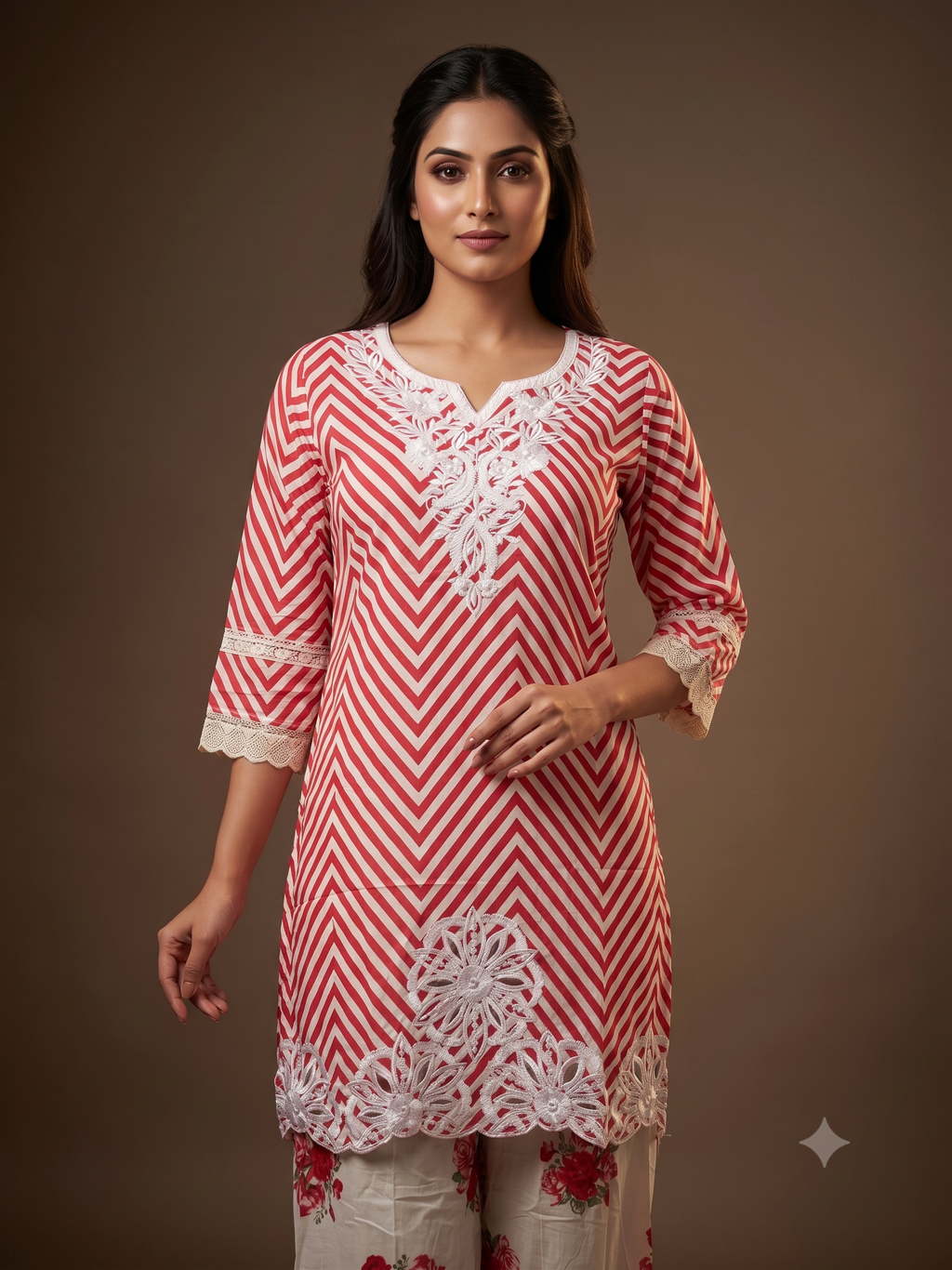 Red & Ivory Chevron Embroidered Kurti Set with Floral Palazzo