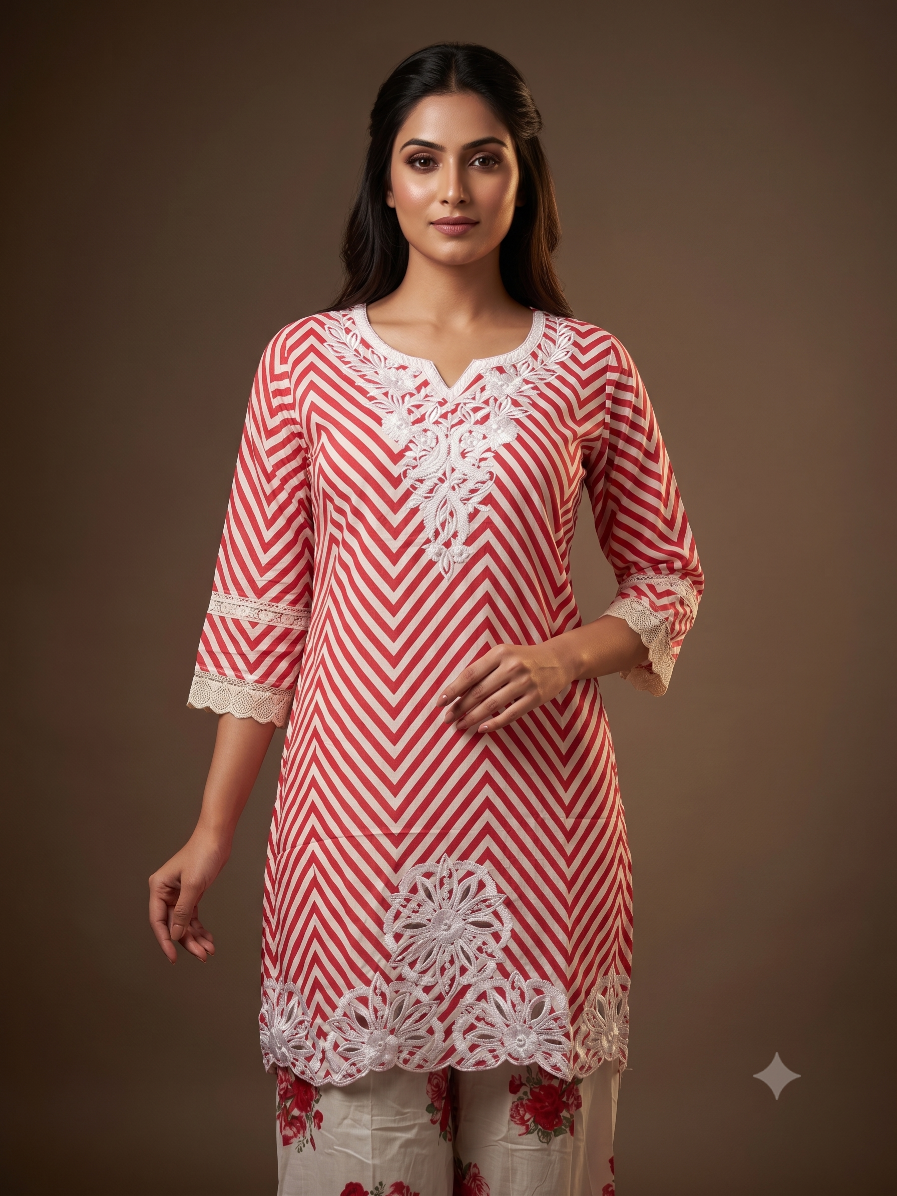 Red & Ivory Chevron Embroidered Kurti Set with Floral Palazzo
