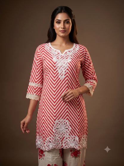 Red & Ivory Chevron Embroidered Kurti Set with Floral Palazzo