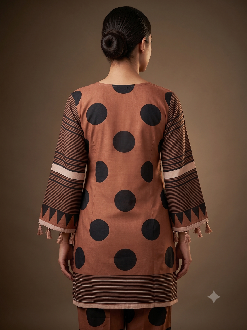 Terracotta Brown Polka Dot & Geometric Striped Kurta Set with Tassel Accents