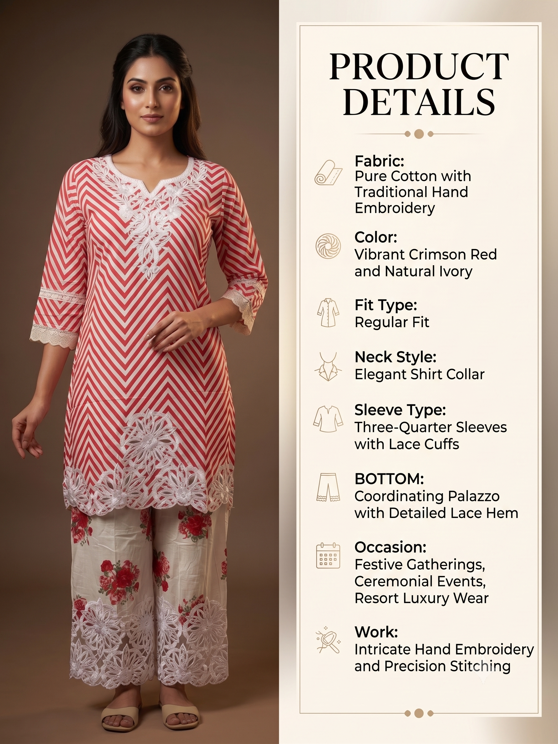 Red & Ivory Chevron Embroidered Kurti Set with Floral Palazzo
