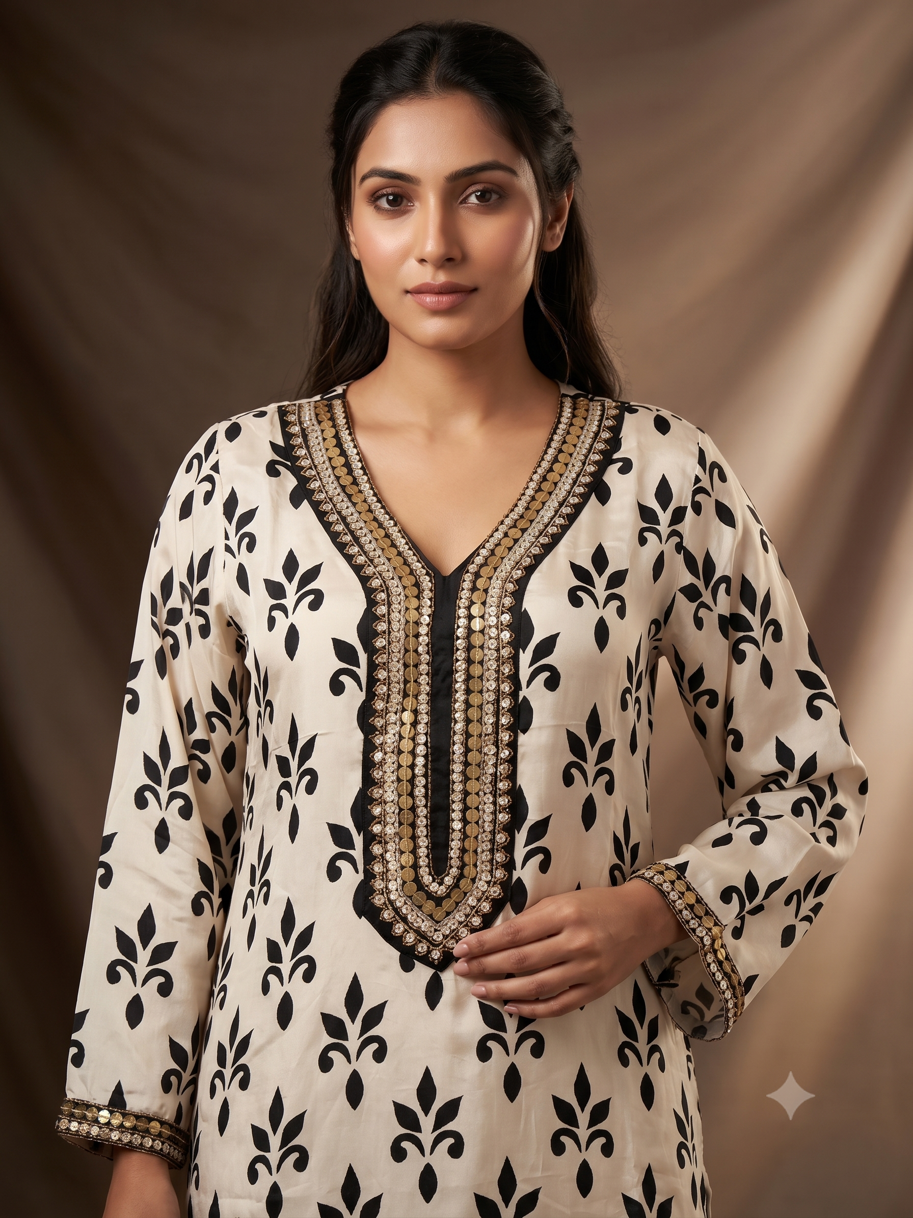 Royal Cream Floral & Striped Ethnic Co-Ord Set with Embroidered V-Neckline