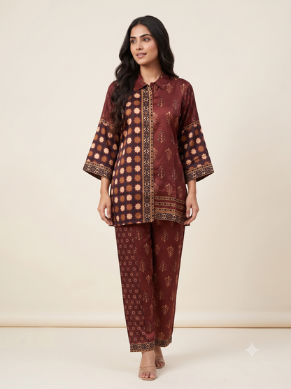Maroon Satin Ethnic Print Co-ord Set