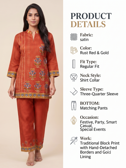 Rust Red Printed Satin Ethnic Co-Ord Set with Mandar/Shirt Collar