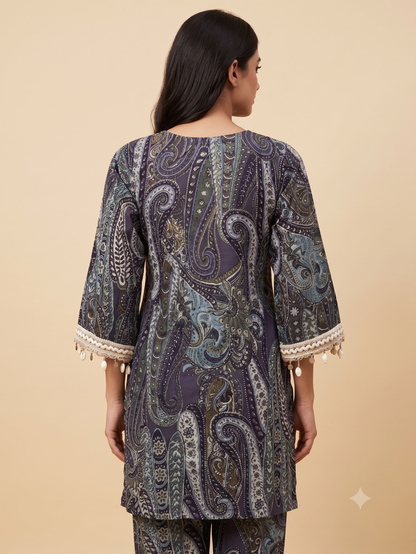 PREMIUM Luxurious Dark Paisley Cotton Co-ord Set with Shell & Lace Embellishments