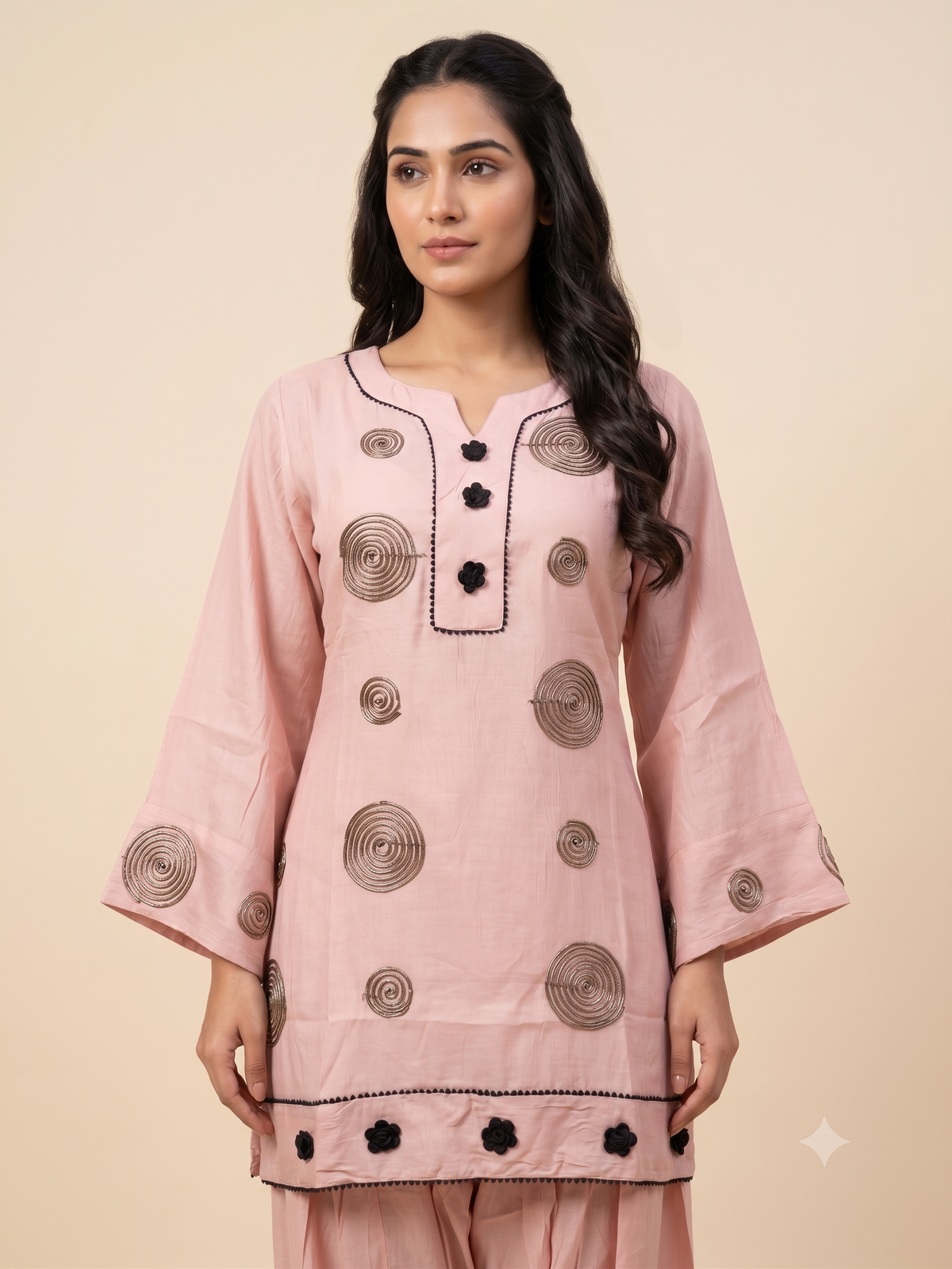 Elegant Cream Cotton Silk Ethnic Co-ord Set with Dark Brown Spiral Embroidery