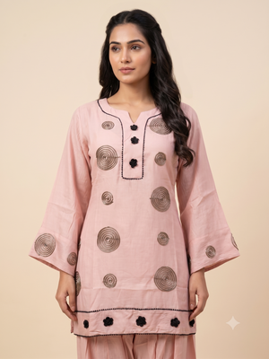 Elegant Rose Pink Co-ord Set with Embroidered Spiral Motifs