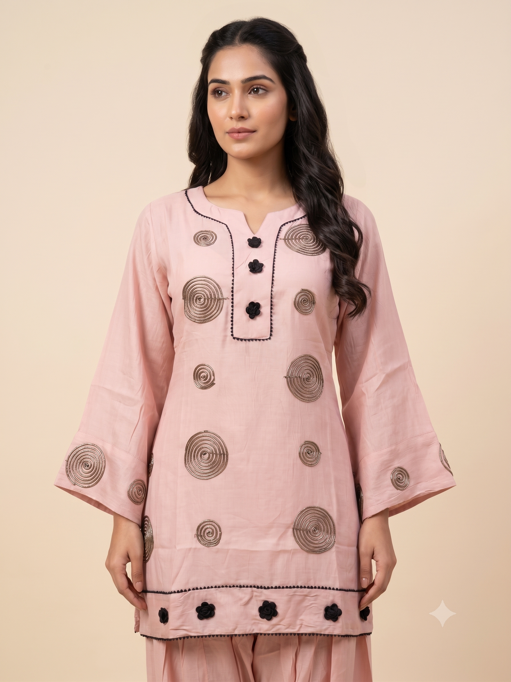 Elegant Cream Cotton Silk Ethnic Co-ord Set with Dark Brown Spiral Embroidery