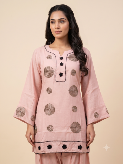 Elegant Cream Cotton Silk Ethnic Co-ord Set with Dark Brown Spiral Embroidery