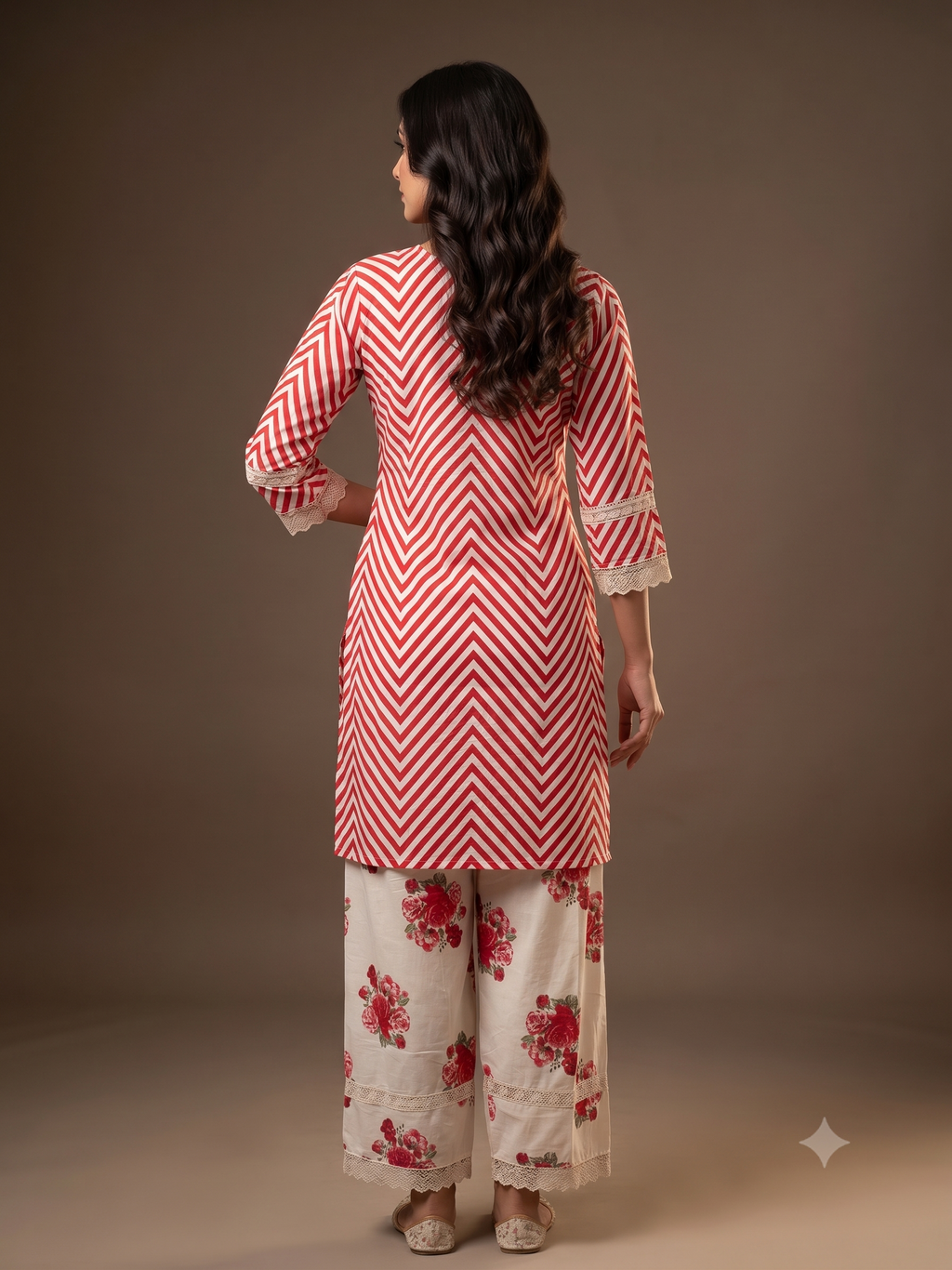 Red & Ivory Chevron Embroidered Kurti Set with Floral Palazzo