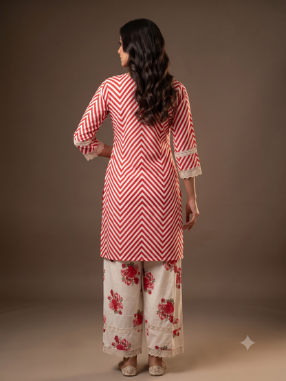 Red & Ivory Chevron Embroidered Kurti Set with Floral Palazzo