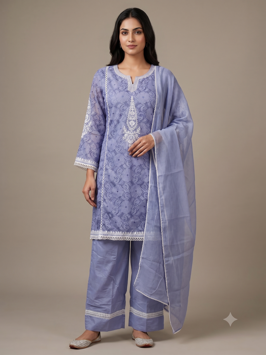 Periwinkle Blue Jacquard Cotton Kurta Set with Lace Detailing