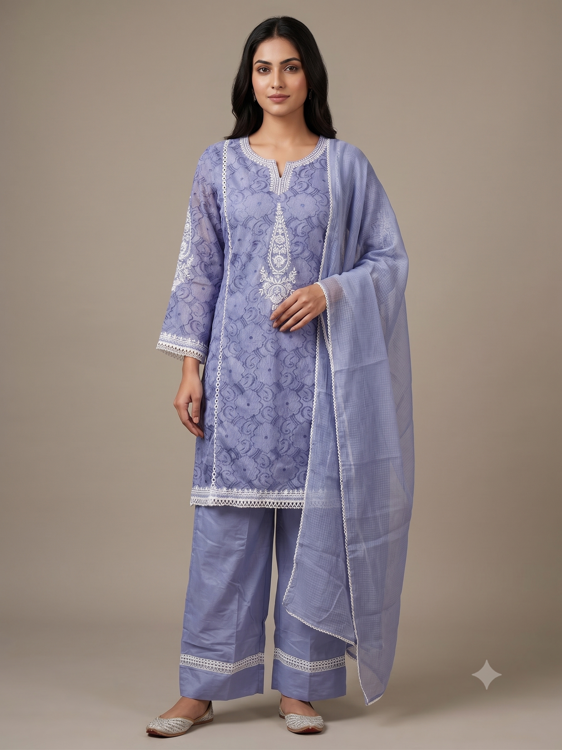 Periwinkle Blue Jacquard Cotton Kurta Set with Lace Detailing