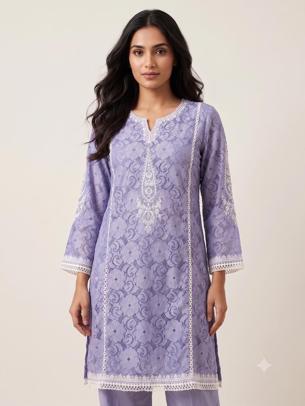 Periwinkle Blue Jacquard Cotton Kurta Set with Lace Detailing