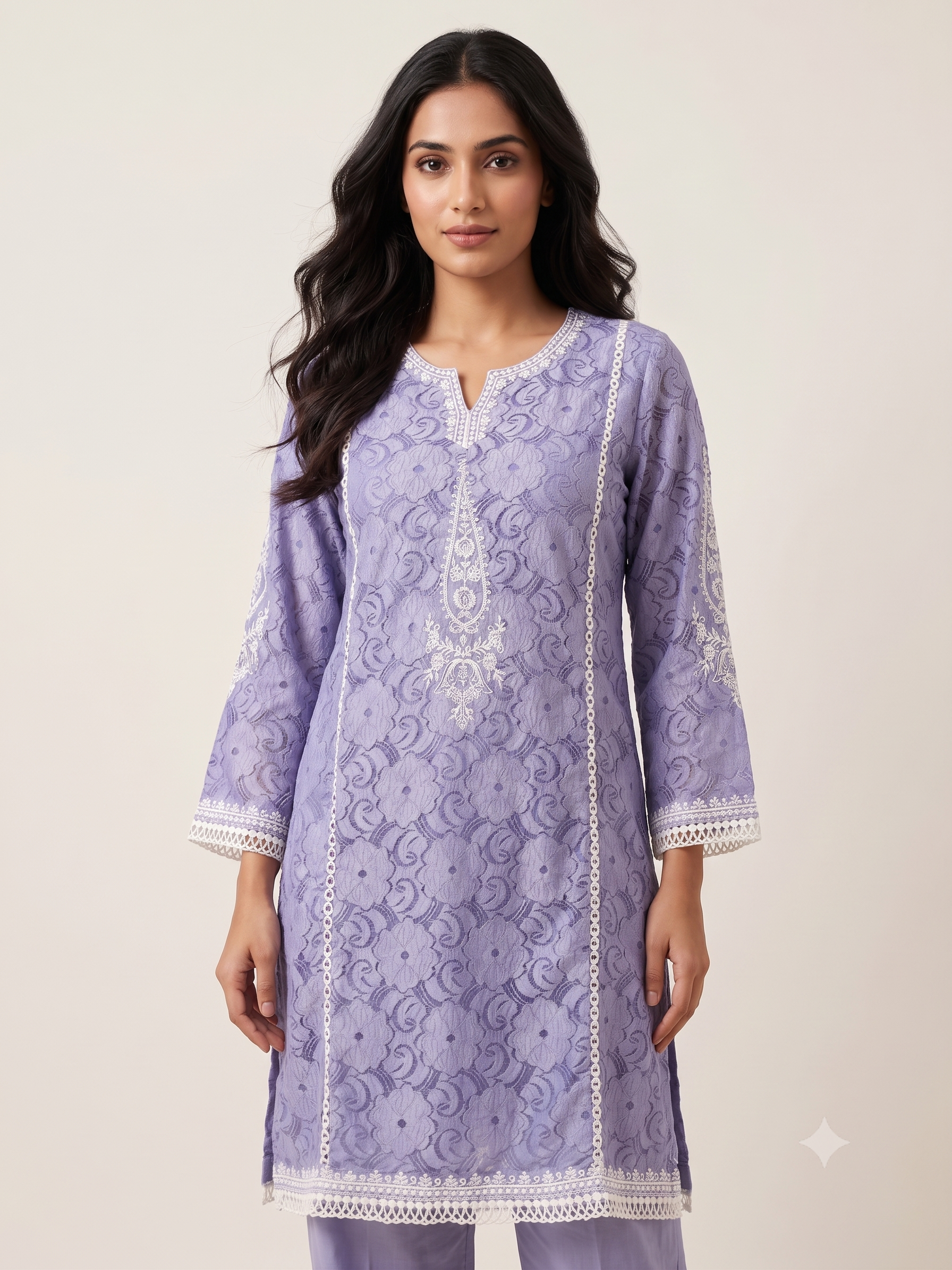 Periwinkle Blue Jacquard Cotton Kurta Set with Lace Detailing