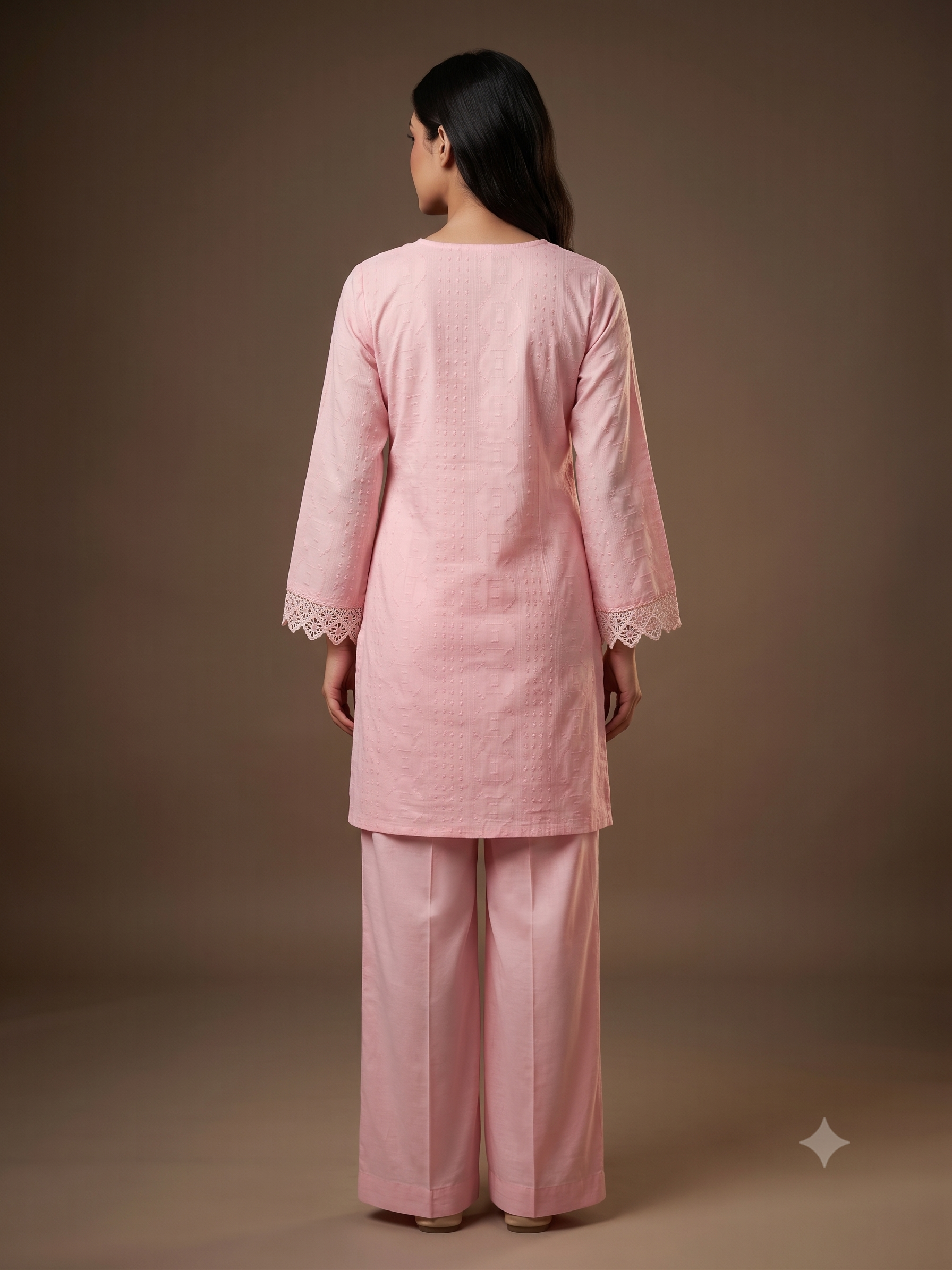 Pink Cotton Blend Embroidered Kurta & Trouser Set with Lace Detailing