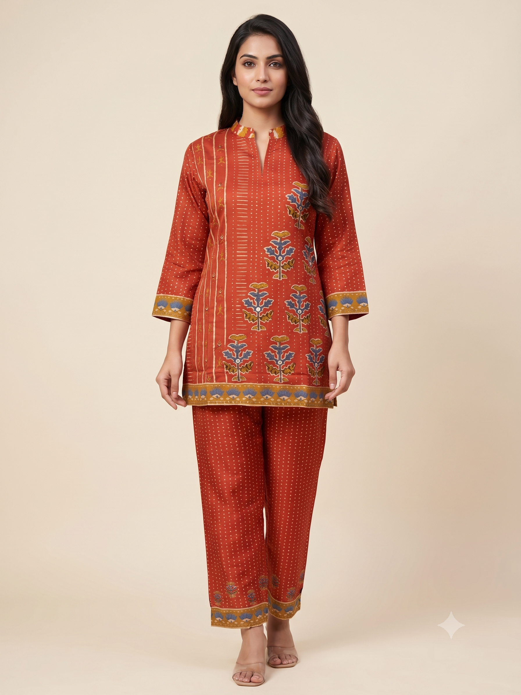Rust Red Printed Satin Ethnic Co-Ord Set with Mandar/Shirt Collar