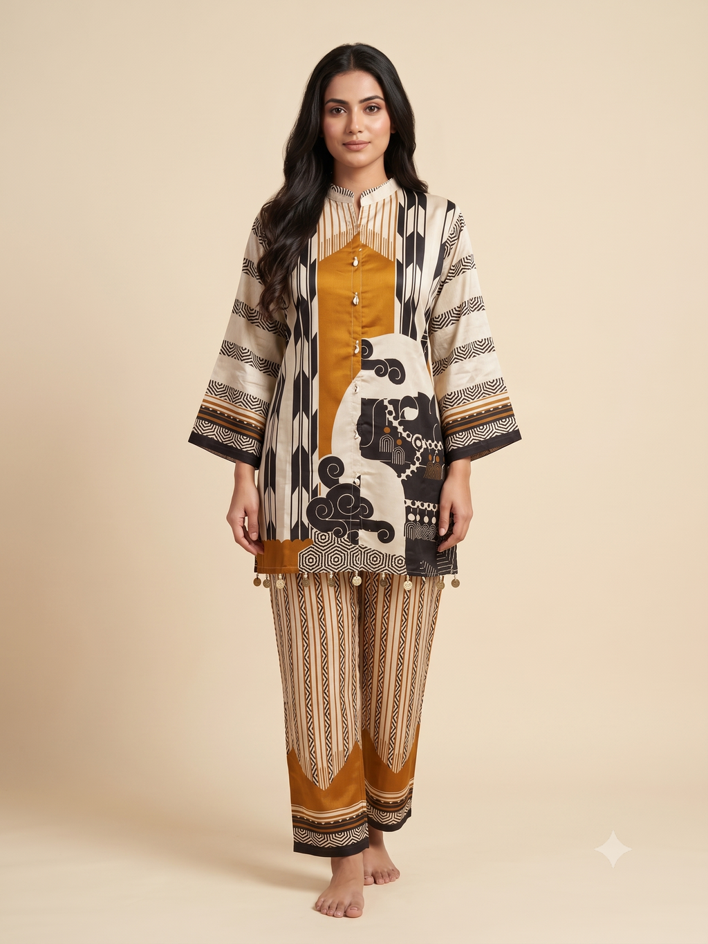 Mustard & Ivory Geometric Silk-Blend Co-ord Set
