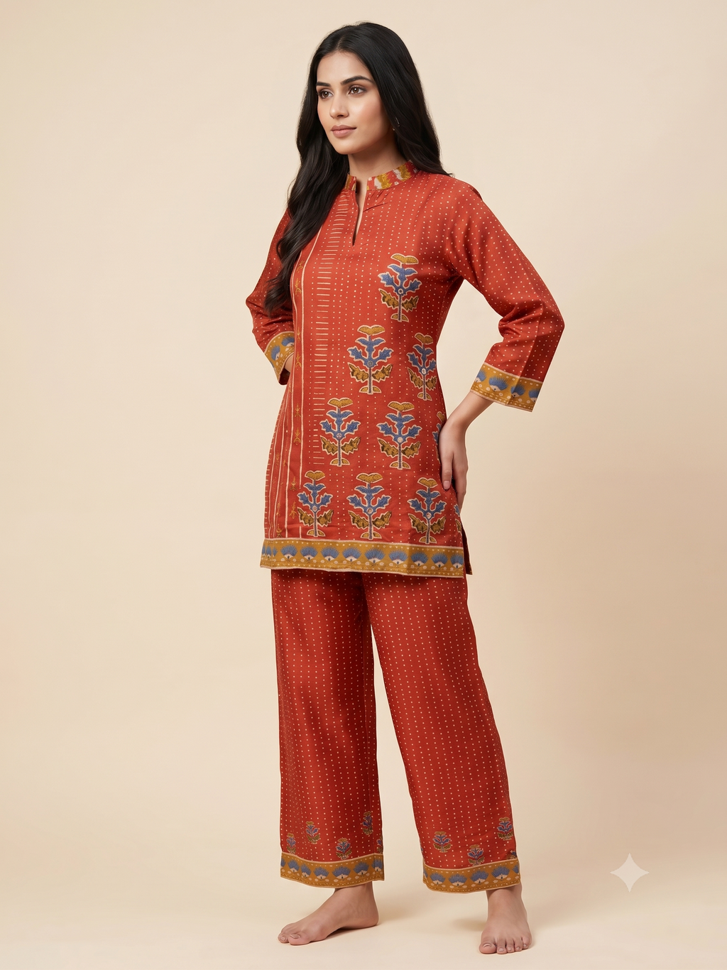 Rust Red Printed Satin Ethnic Co-Ord Set with Mandar/Shirt Collar